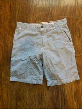 Izod Men's Blue and White Striped Flat-Front Shorts